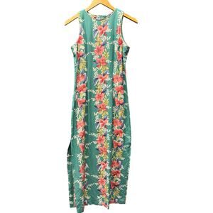 Vintage Young Hawaii Dress Floral Maxi Slit Sides Waiala Rayon USA Womens Small